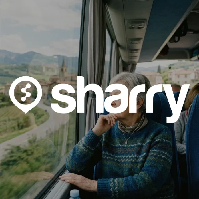 Sharry na tle kobieta siedząca w autobusie i patrząca przez okno